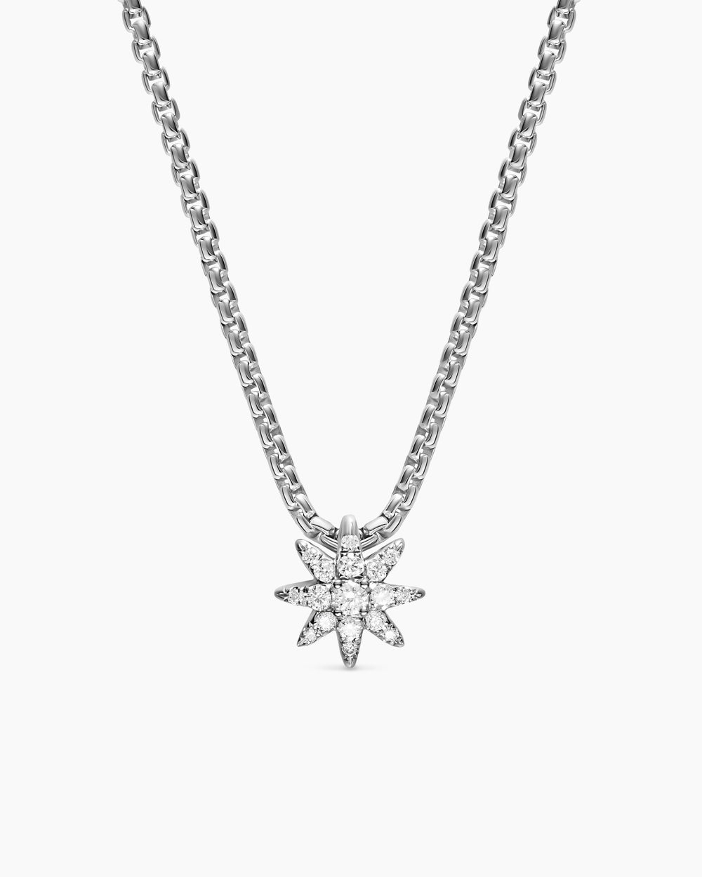 Womens Petite Starburst Station Necklace in Sterling Silver with Diamonds, 7mm