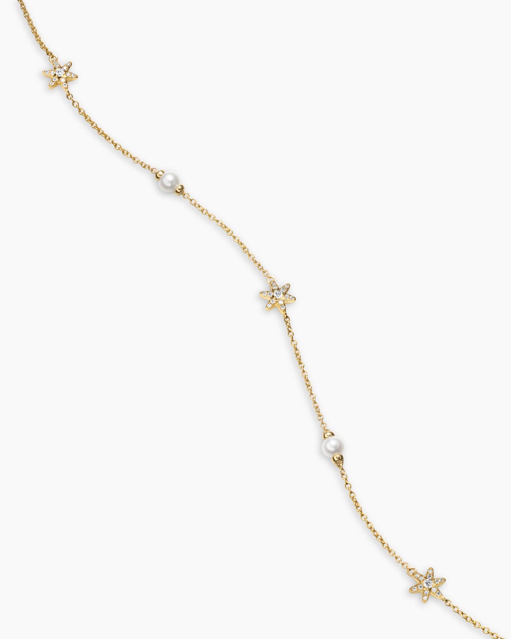 Womens Petite Starburst and Pearl Station Chain Necklace in 18K Yellow Gold with Pearls and Diamonds, 6mm