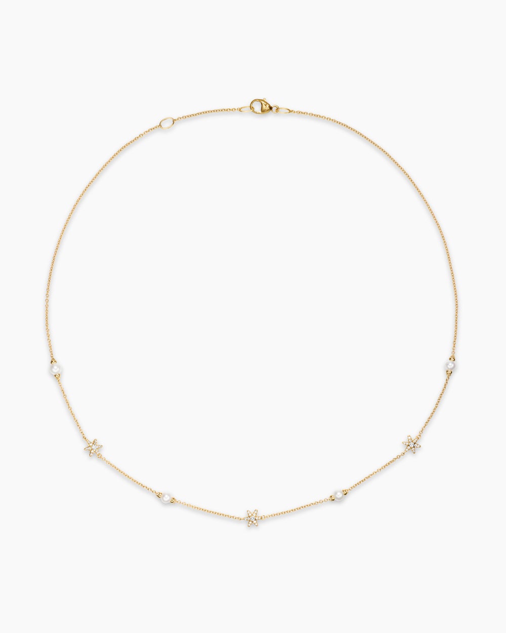 Womens Petite Starburst and Pearl Station Chain Necklace in 18K Yellow Gold with Pearls and Diamonds, 6mm