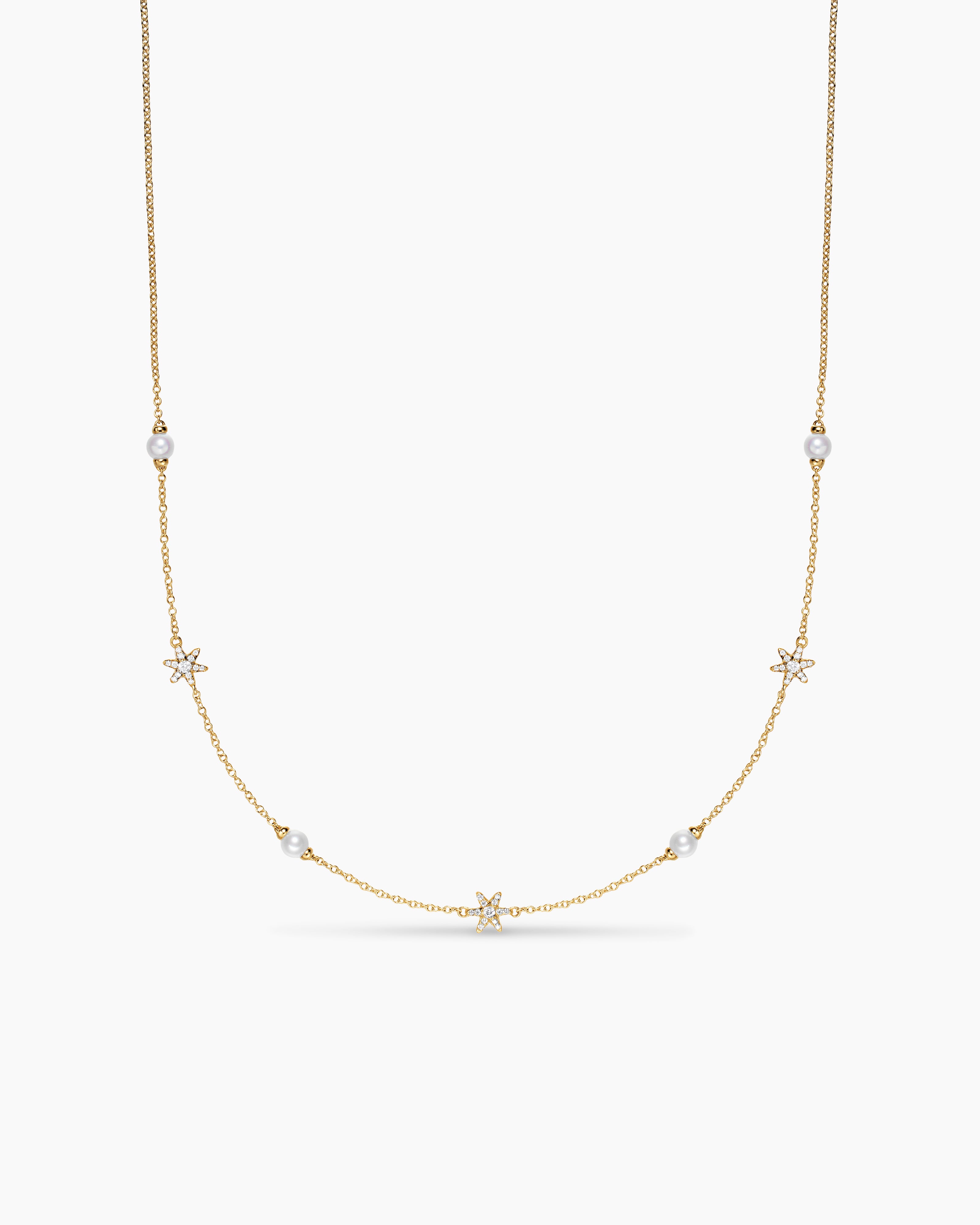 Womens Petite Starburst and Pearl Station Chain Necklace in 18K Yellow Gold with Pearls and Diamonds, 6mm