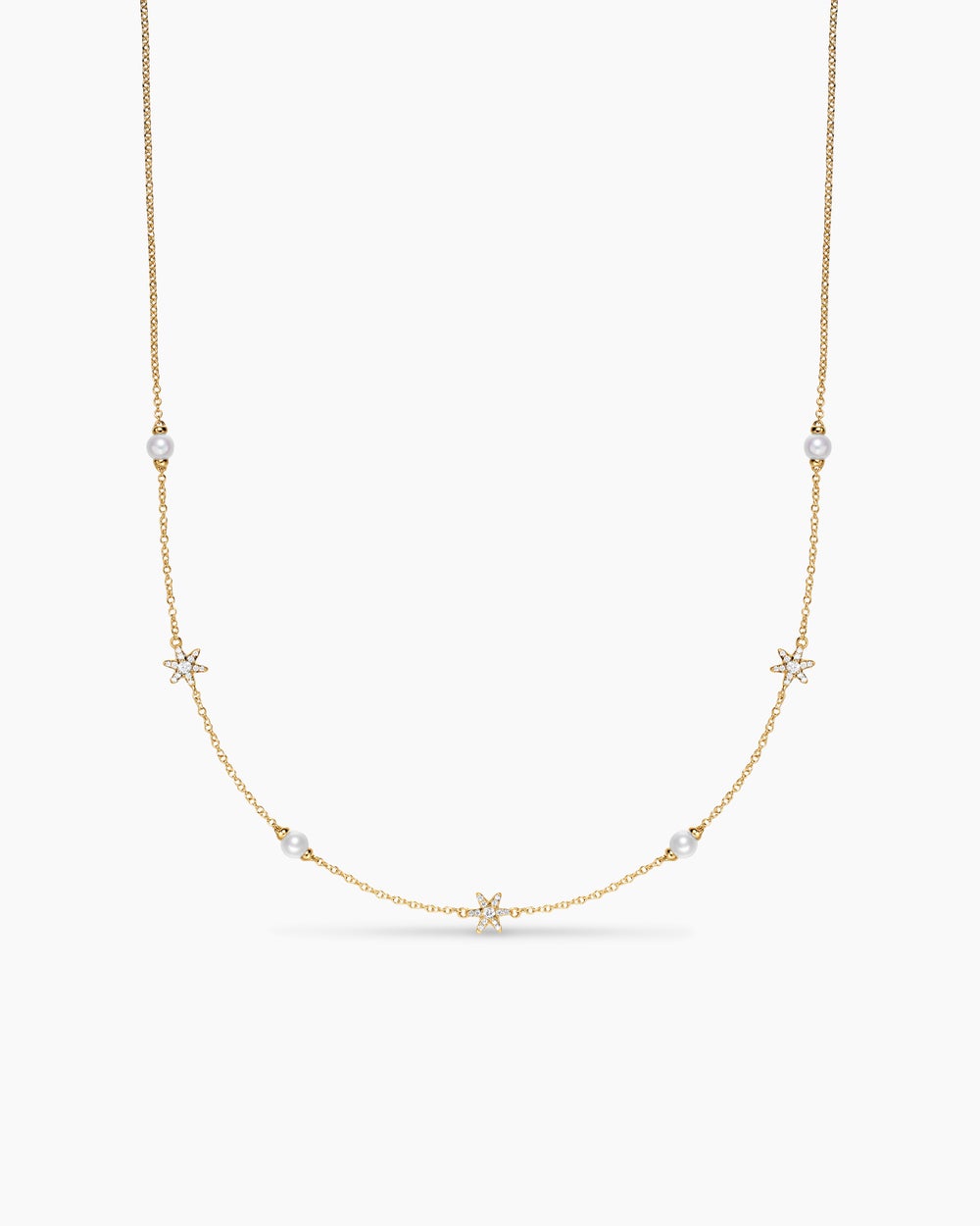 Womens Petite Starburst and Pearl Station Chain Necklace in 18K Yellow Gold with Pearls and Diamonds, 6mm