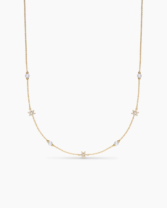 Petite Starburst and Pearl Station Chain Necklace in 18K Yellow Gold with Pearls and Diamonds, 6mm