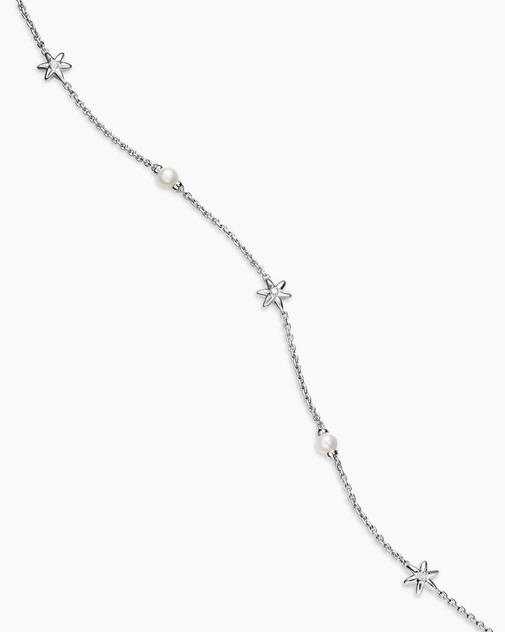Womens Petite Starburst and Pearl Station Chain Necklace in Sterling Silver with Pearls and Diamonds, 6mm