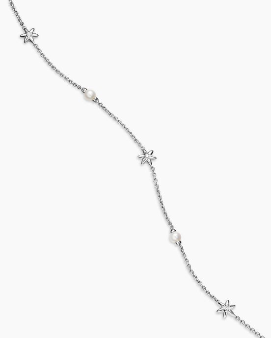 Petite Starburst and Pearl Station Chain Necklace in Sterling Silver with Pearls and Diamonds, 6mm