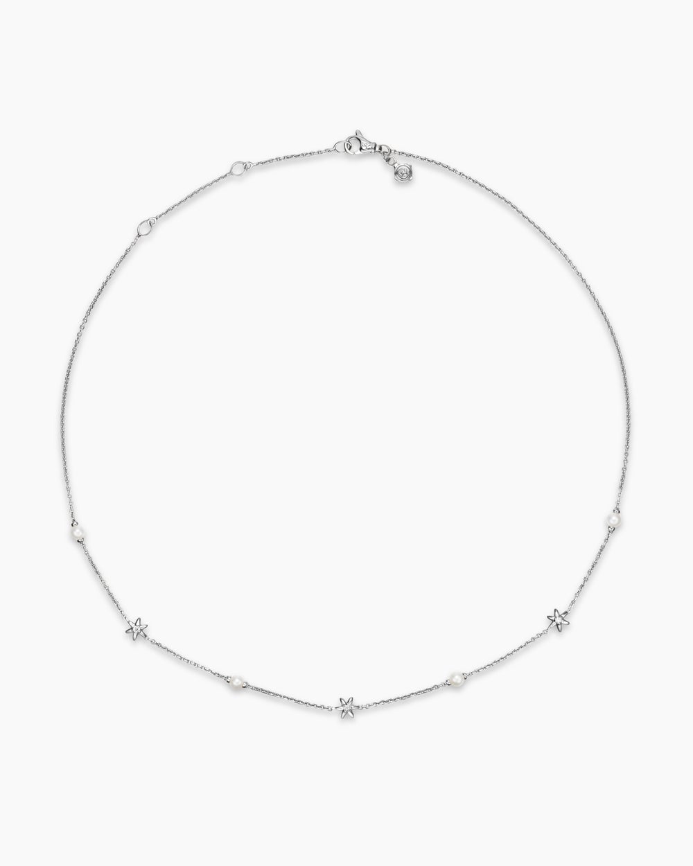 Womens Petite Starburst and Pearl Station Chain Necklace in Sterling Silver with Pearls and Diamonds, 6mm
