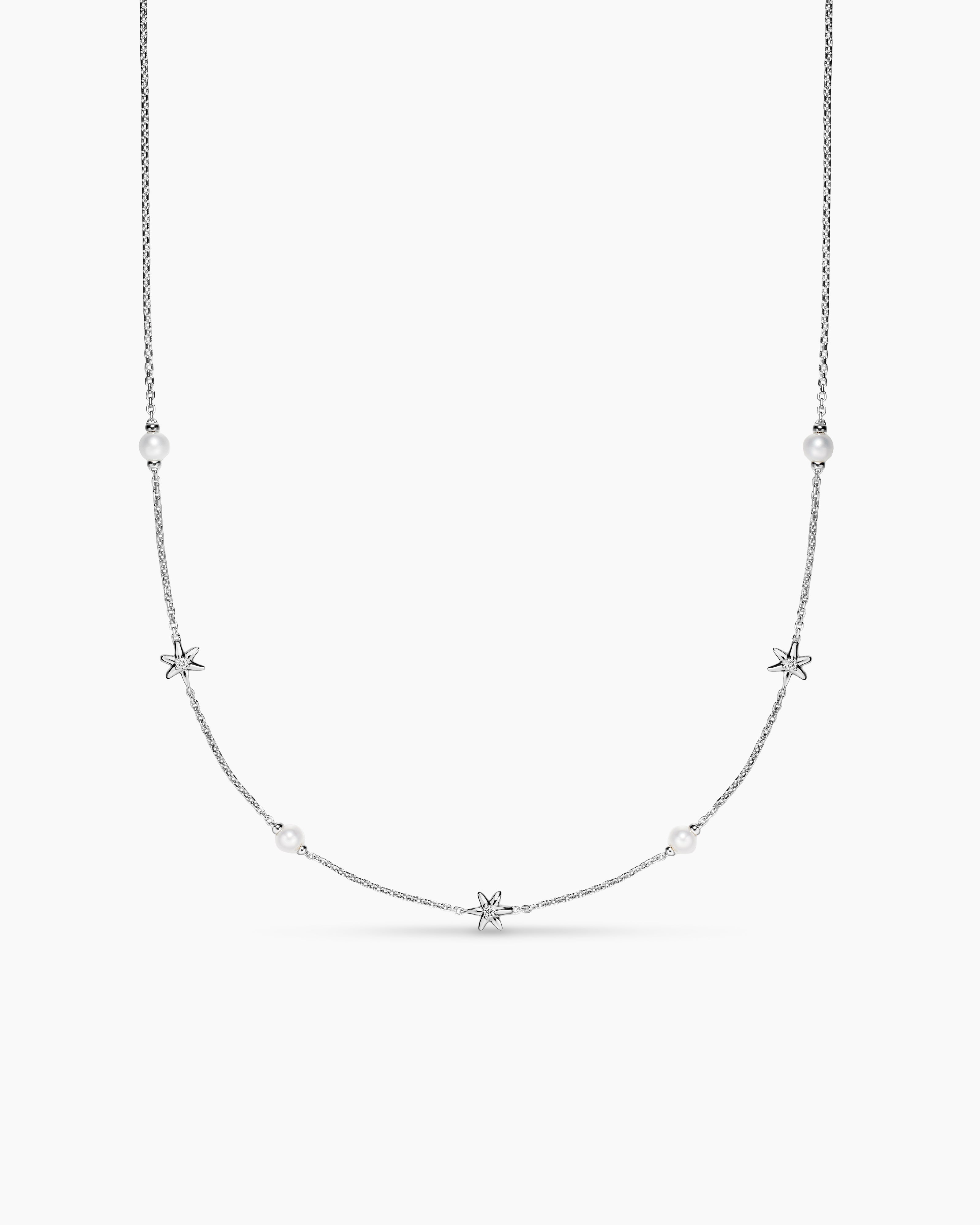 Womens Petite Starburst and Pearl Station Chain Necklace in Sterling Silver with Pearls and Diamonds, 6mm