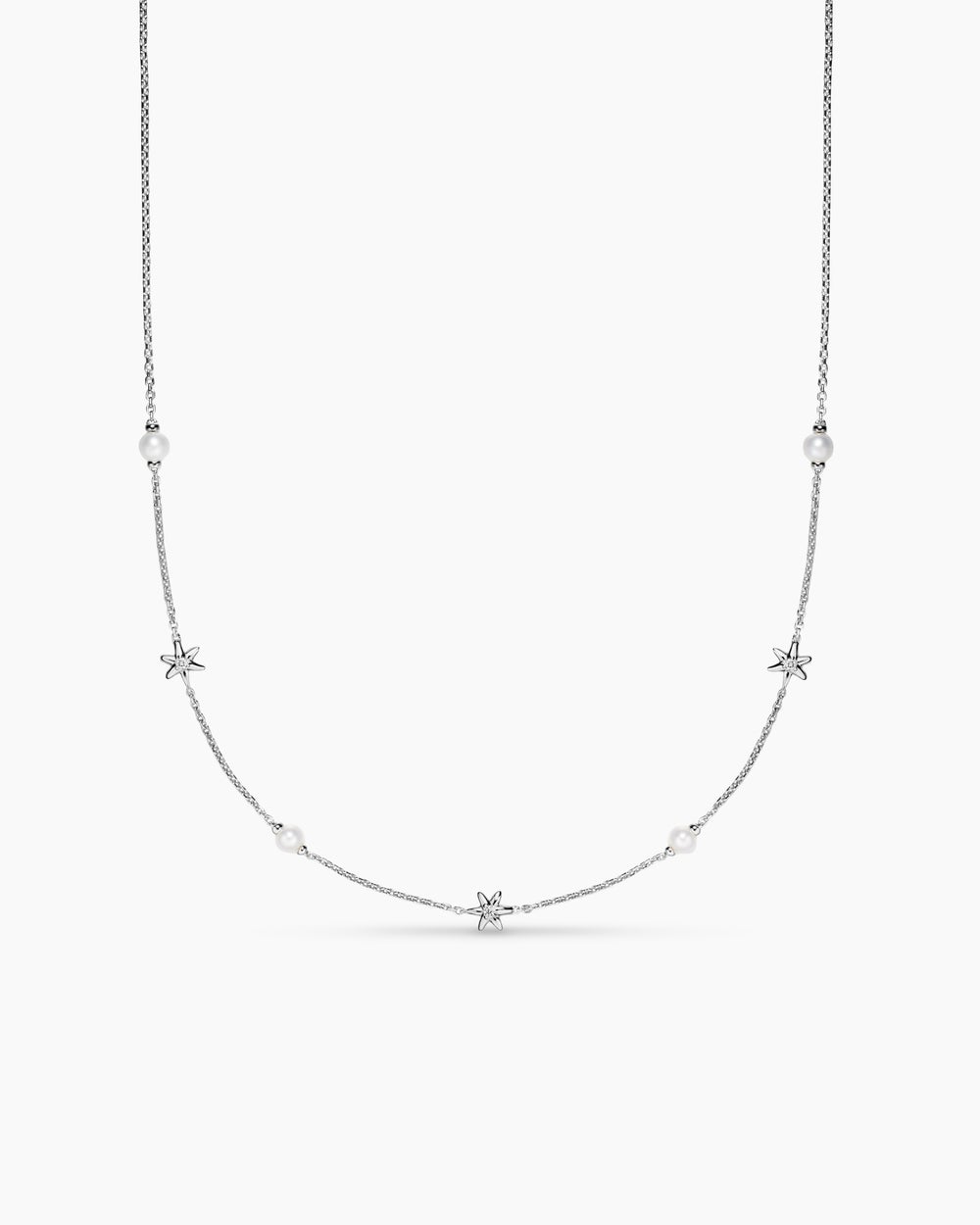 Womens Petite Starburst and Pearl Station Chain Necklace in Sterling Silver with Pearls and Diamonds, 6mm