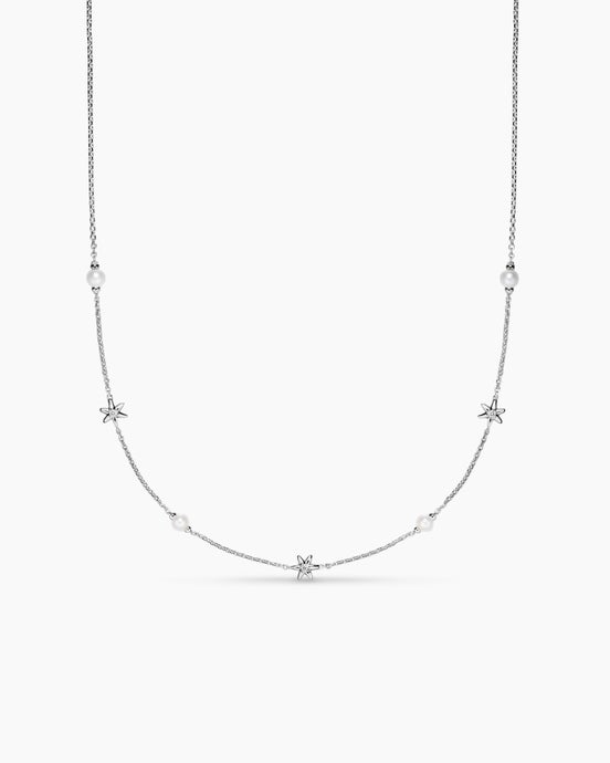 Petite Starburst and Pearl Station Chain Necklace in Sterling Silver with Pearls and Diamonds, 6mm