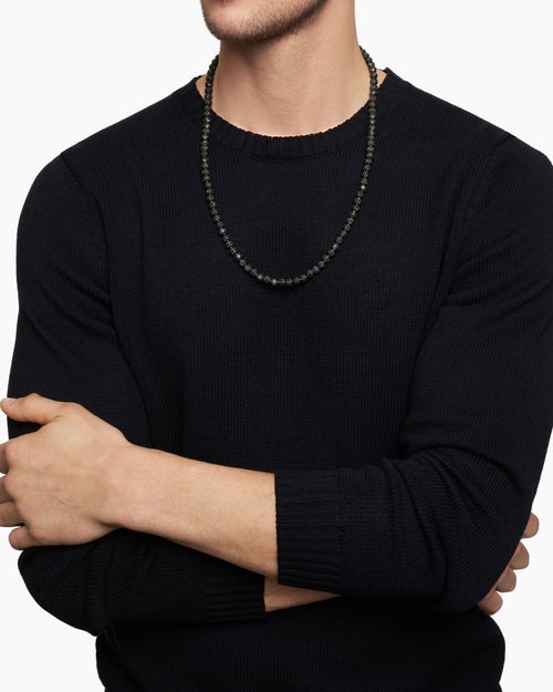 Mens Spiritual Beads Necklace in Sterling Silver with Pavé Black Diamonds, 6mm