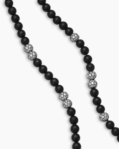 Mens Spiritual Beads Necklace in Sterling Silver with Black Onyx and Pavé Diamonds, 6mm