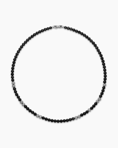 Mens Spiritual Beads Necklace in Sterling Silver with Black Onyx and Pavé Diamonds, 6mm