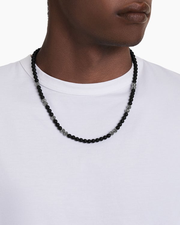 Spiritual Beads Necklace in Sterling Silver with Black Onyx and Pavé Diamonds, 6mm