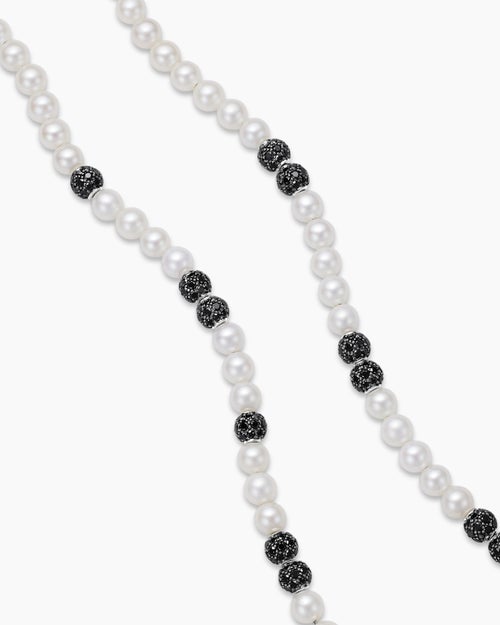 Mens Spiritual Beads Necklace in Sterling Silver with Pearls and Pavé Black Diamonds, 6mm
