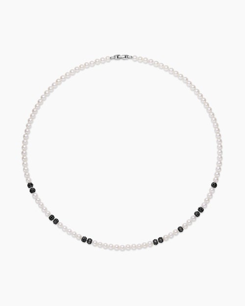 Mens Spiritual Beads Necklace in Sterling Silver with Pearls and Pavé Black Diamonds, 6mm