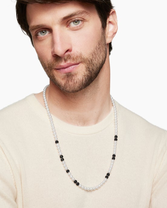 Spiritual Beads Necklace in Sterling Silver with Pearls and Pavé Black Diamonds, 6mm