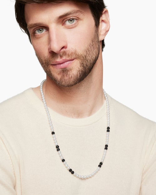 Mens Spiritual Beads Necklace in Sterling Silver with Pearls and Pavé Black Diamonds, 6mm