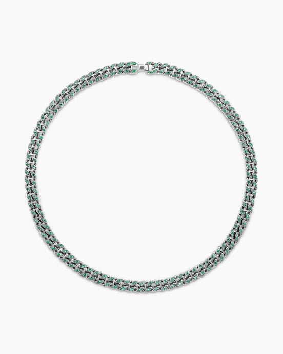 Curb Chain Necklace in 18K White Gold with Emeralds, 11.5mm