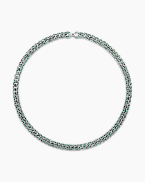 Mens Curb Chain Necklace in 18K White Gold with Emeralds, 11.5mm