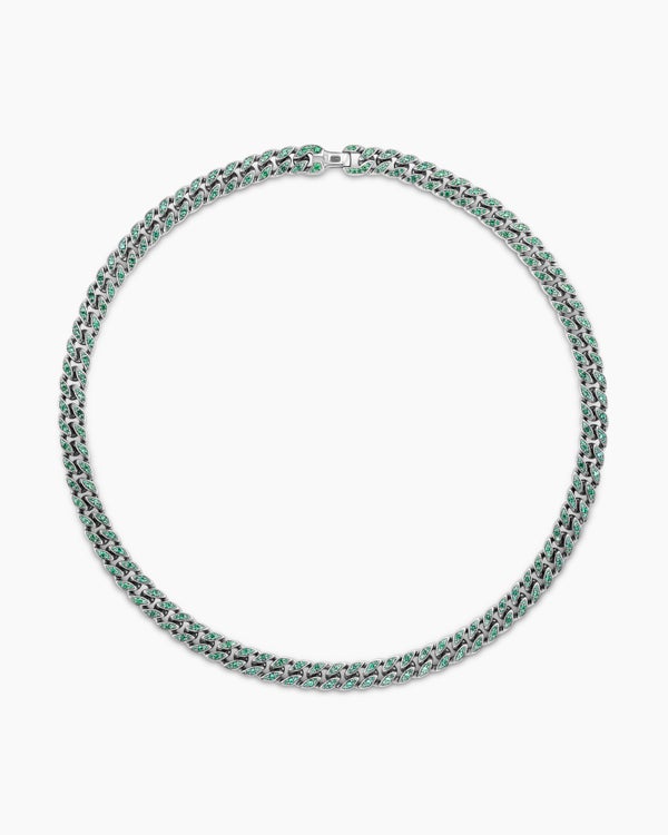 Curb Chain Necklace in 18K White Gold with Emeralds, 11.5mm
