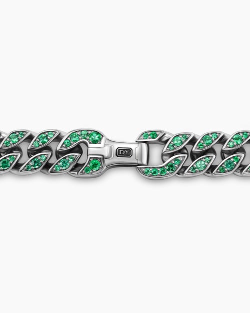 Mens Curb Chain Necklace in 18K White Gold with Emeralds, 11.5mm