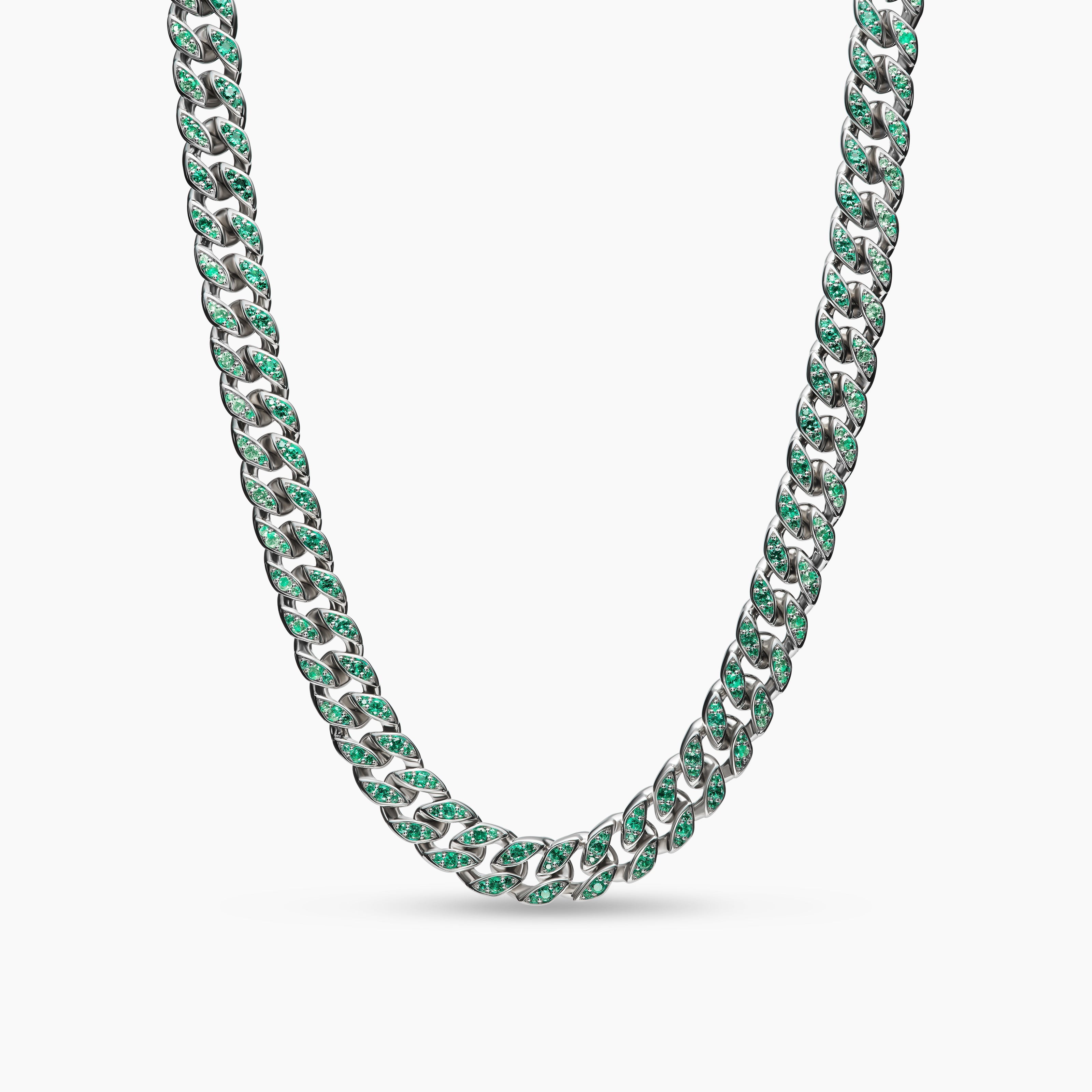 Mens Curb Chain Necklace in 18K White Gold with Emeralds, 11.5mm