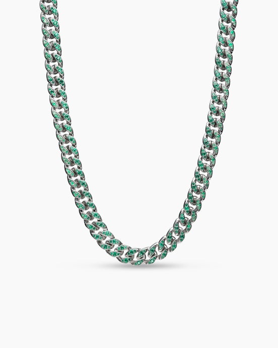 Curb Chain Necklace in 18K White Gold with Emeralds, 11.5mm