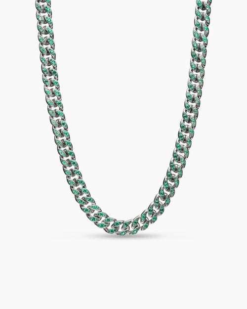 Mens Curb Chain Necklace in 18K White Gold with Emeralds, 11.5mm