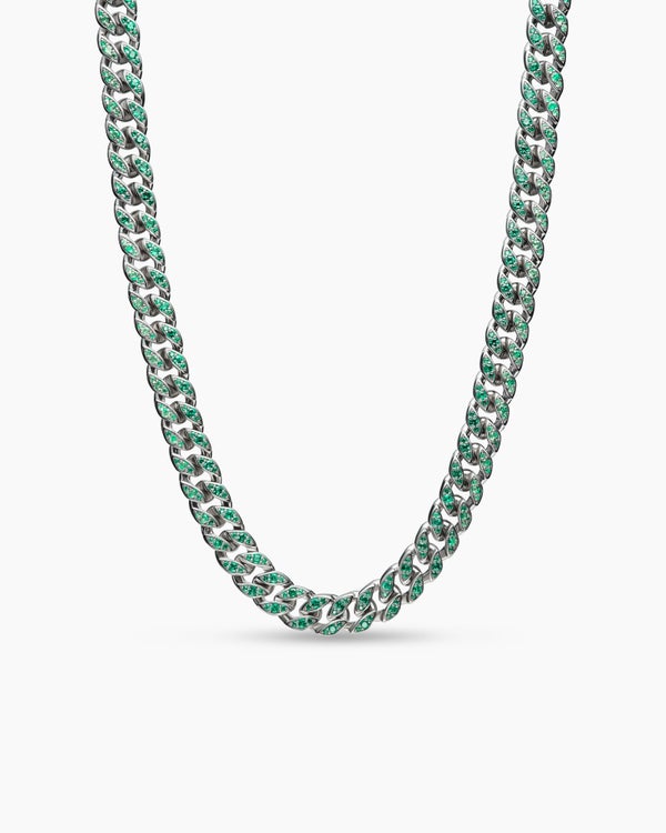 Curb Chain Necklace in 18K White Gold with Emeralds, 11.5mm