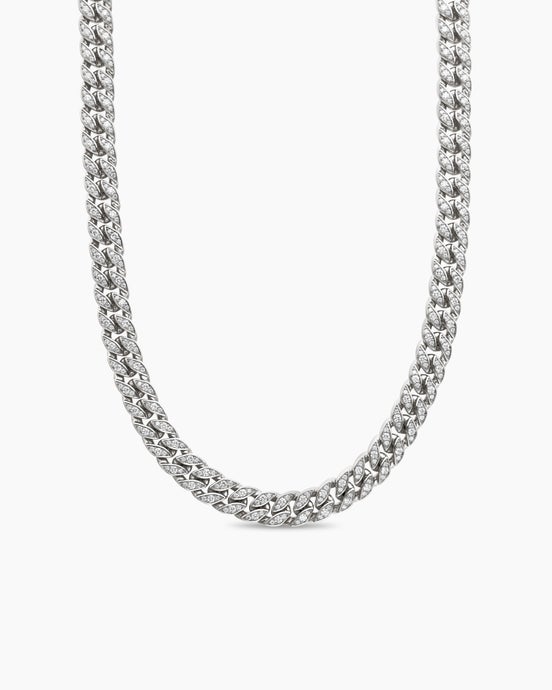 Curb Chain Necklace in Sterling Silver with Pavé Diamonds