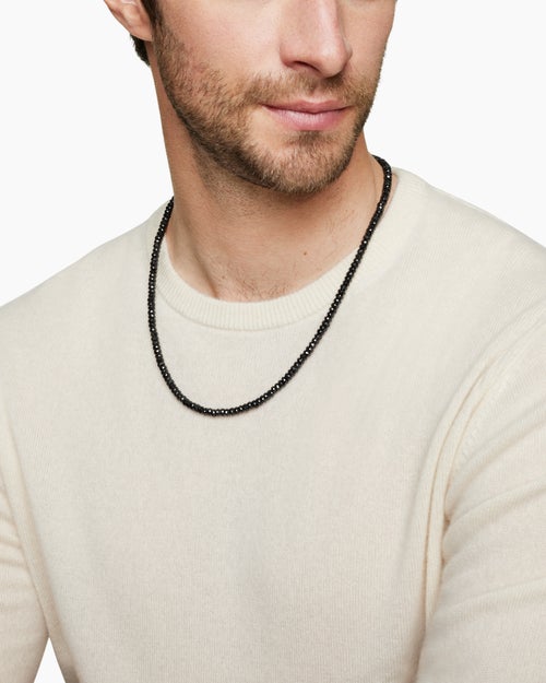 Mens Spiritual Beads Necklace in Sterling Silver with Black Spinel, 5mm