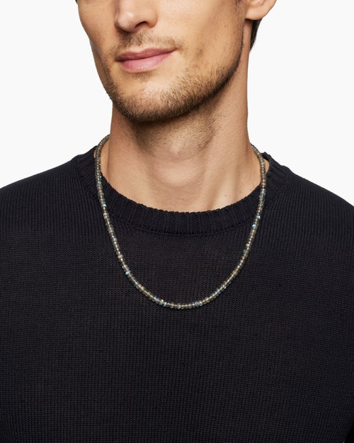 Mens Spiritual Beads Necklace in Sterling Silver with Labradorite, 5mm