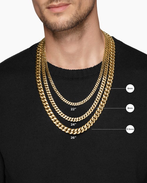 Mens Curb Chain Necklace in 18K Yellow Gold with Diamonds, 8mm