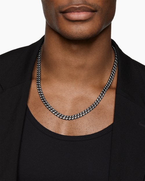 Mens Curb Chain Necklace in Black Titanium with Diamonds, 8mm