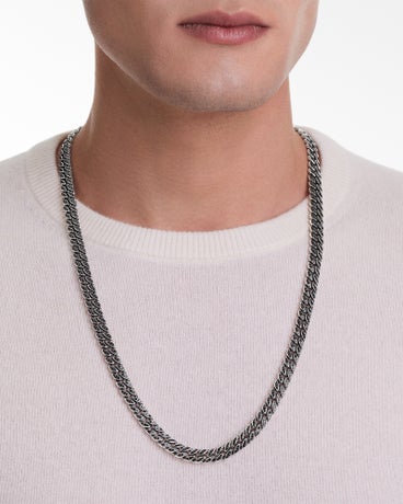 Curb Chain Necklace in Sterling Silver with Black Diamonds, 8mm