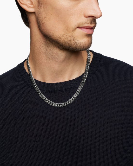 Curb Chain Necklace in Sterling Silver with Black Diamonds, 8mm