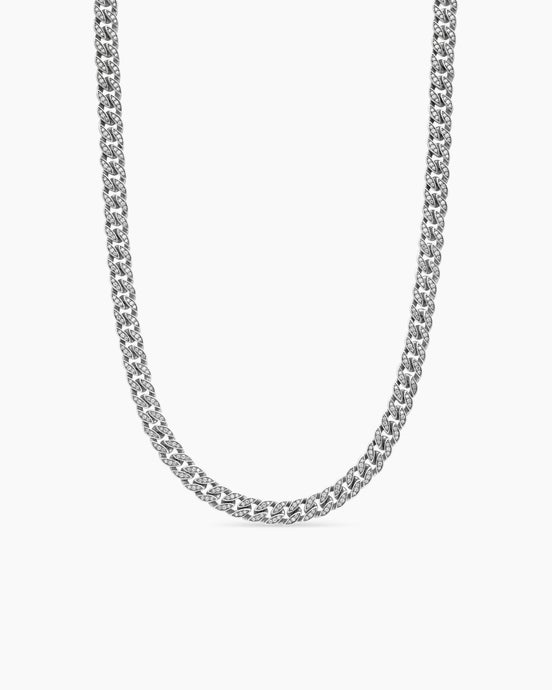 Curb Chain Necklace in Sterling Silver with Diamonds, 8mm