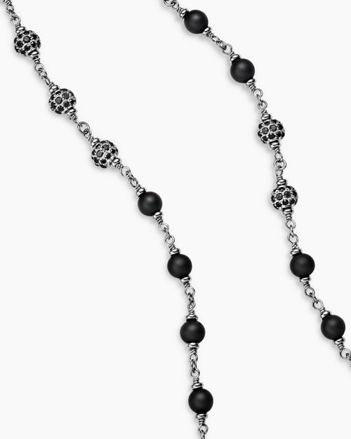 Mens Spiritual Beads Necklace in Sterling Silver with Black Onyx and Black Diamonds, 6mm