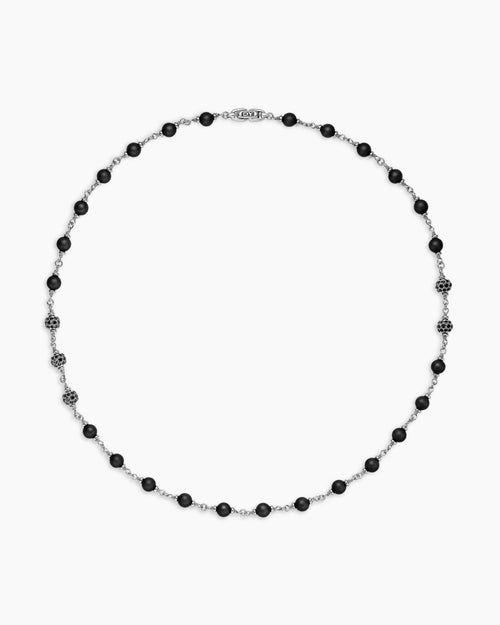 Mens Spiritual Beads Necklace in Sterling Silver with Black Onyx and Black Diamonds, 6mm