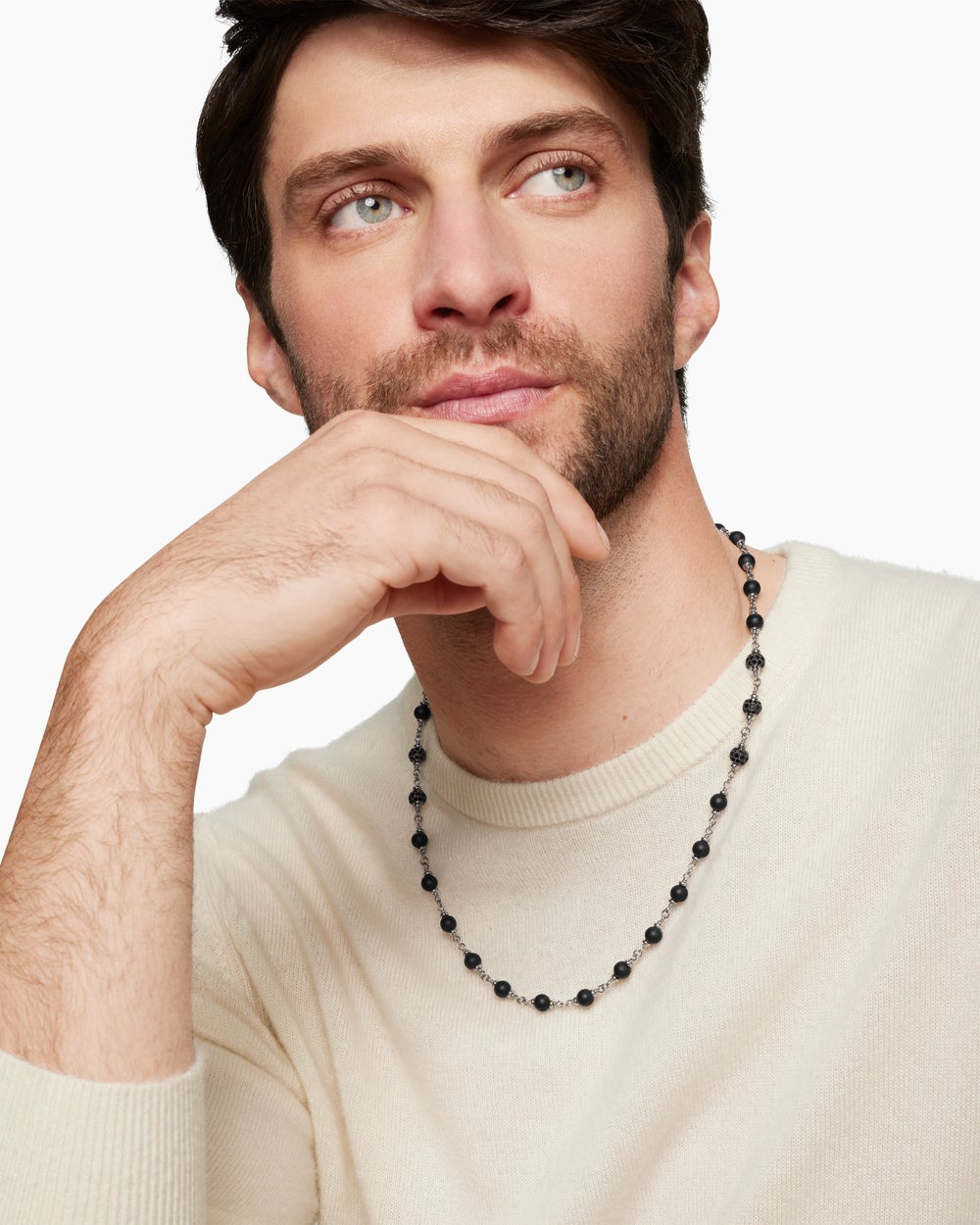 Mens Spiritual Beads Necklace in Sterling Silver with Black Onyx and Black Diamonds, 6mm