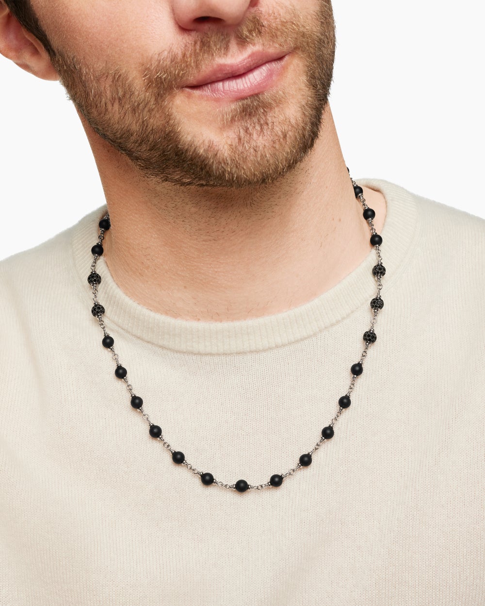 Mens Spiritual Beads Necklace in Sterling Silver with Black Onyx and Black Diamonds, 6mm