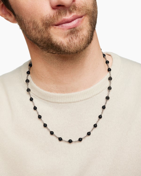Spiritual Beads Necklace in Sterling Silver with Black Onyx and Black Diamonds, 6mm