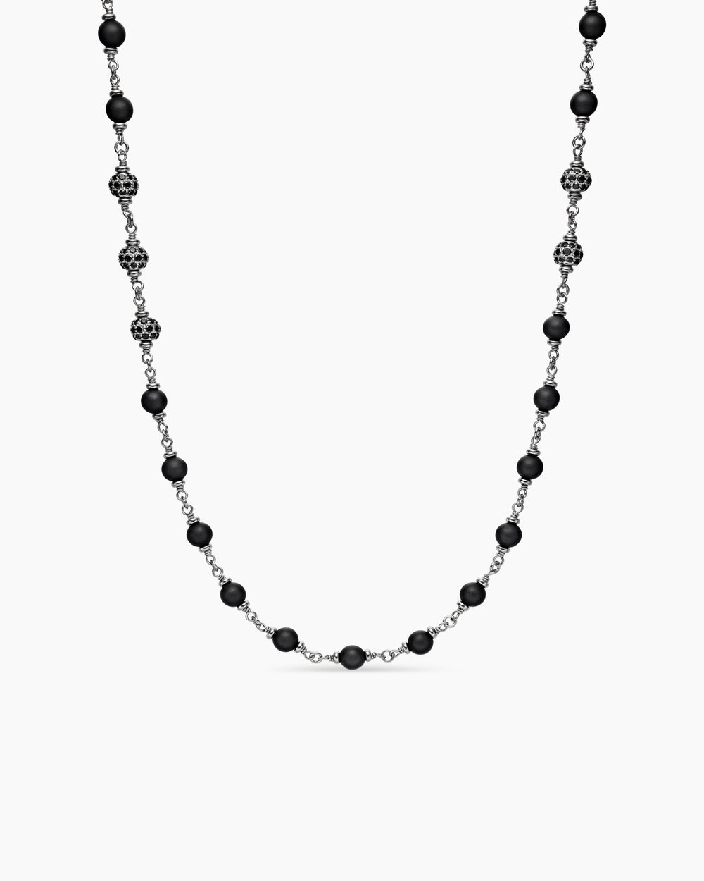 Mens Spiritual Beads Necklace in Sterling Silver with Black Onyx and Black Diamonds, 6mm