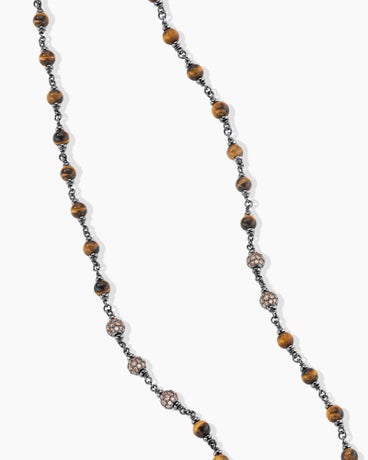 Spiritual Beads Rosary Necklace in Sterling Silver with Tiger’s Eye and Cognac Diamonds, 6mm