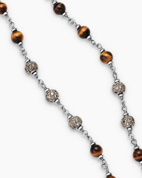 Mens Spiritual Beads Necklace in Sterling Silver with Tiger’s Eye and Cognac Diamonds, 6mm