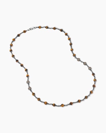 Spiritual Beads Rosary Necklace in Sterling Silver with Tiger’s Eye and Cognac Diamonds, 6mm