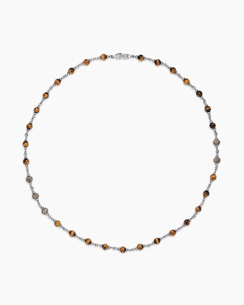 Mens Spiritual Beads Necklace in Sterling Silver with Tiger’s Eye and Cognac Diamonds, 6mm