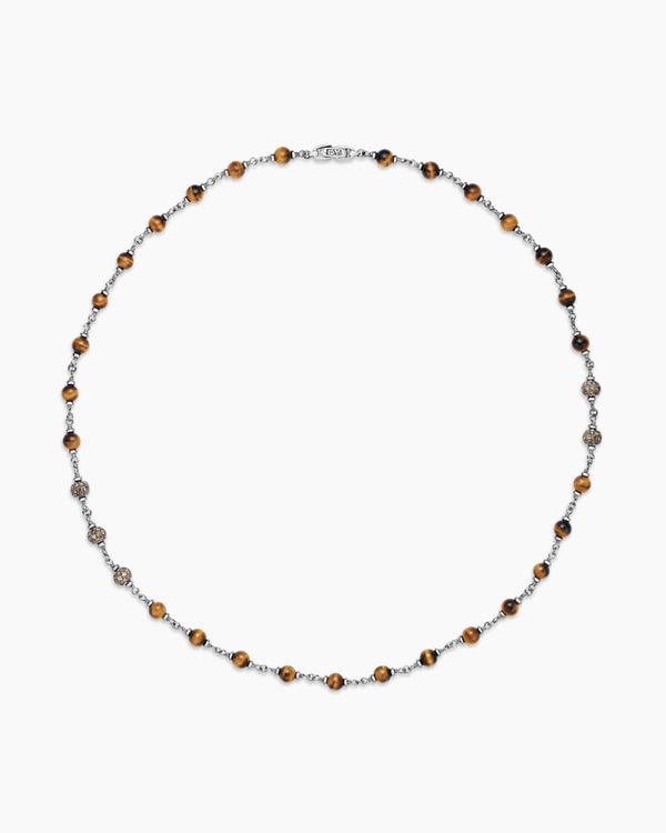 Spiritual Beads Necklace in Sterling Silver with Tiger’s Eye and Cognac Diamonds, 6mm