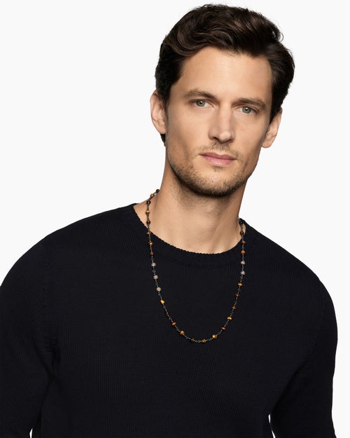 Mens Spiritual Beads Necklace in Sterling Silver with Tiger’s Eye and Cognac Diamonds, 6mm