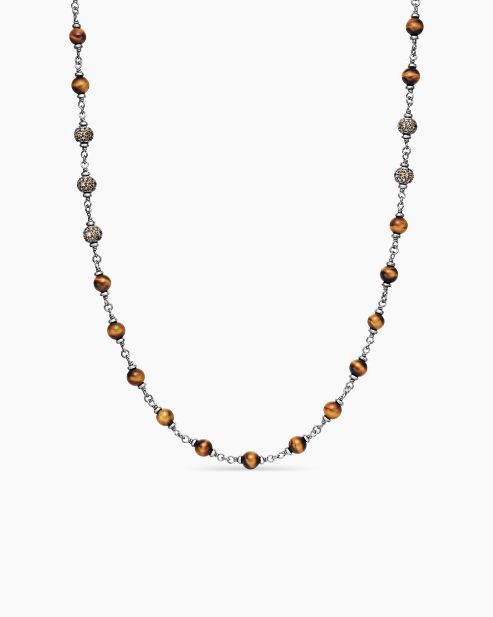 Mens Spiritual Beads Necklace in Sterling Silver with Tiger’s Eye and Cognac Diamonds, 6mm