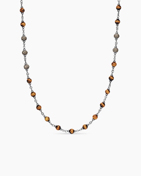 Spiritual Beads Necklace in Sterling Silver with Tiger’s Eye and Cognac Diamonds, 6mm